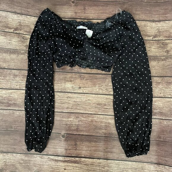 Women’s Blue Jasmine Black White Polka Dot Tie Crop Top Blouse Large NWT - Picture 1 of 4